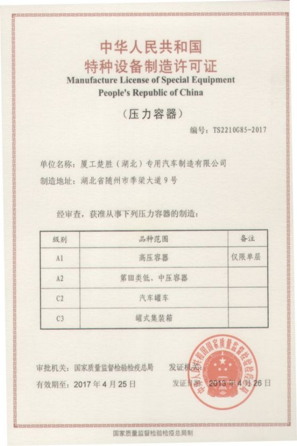 Government License for Special equipment like pressure vessel
